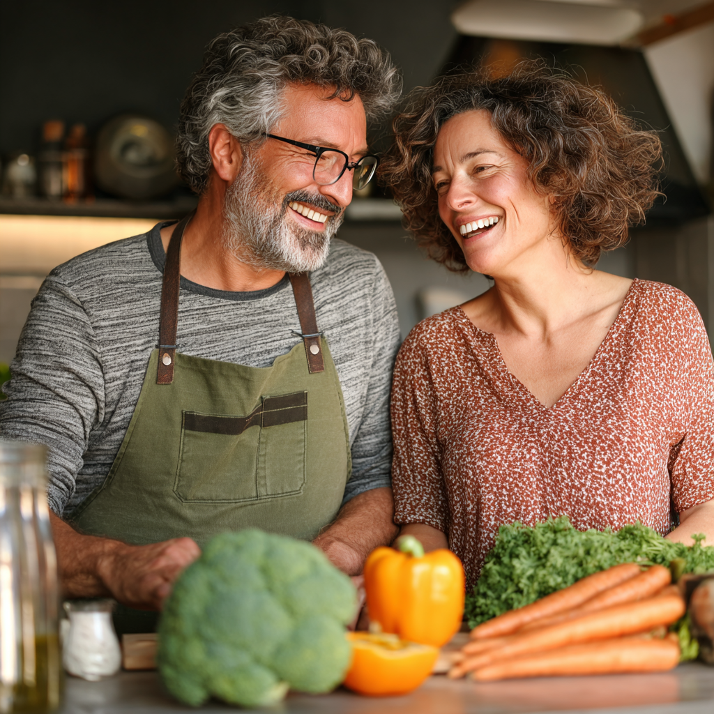 Happy mature couple in their early 50s preparing healthy meal together in bright kitchen, smiling while cooking nutritious vegetables and discussing their wellness journey