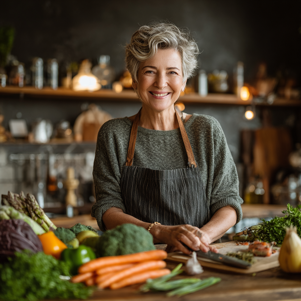 Mature woman in her 40s preparing healthy meal with fresh vegetables and fruits in modern kitchen, smiling while cooking nutritious food