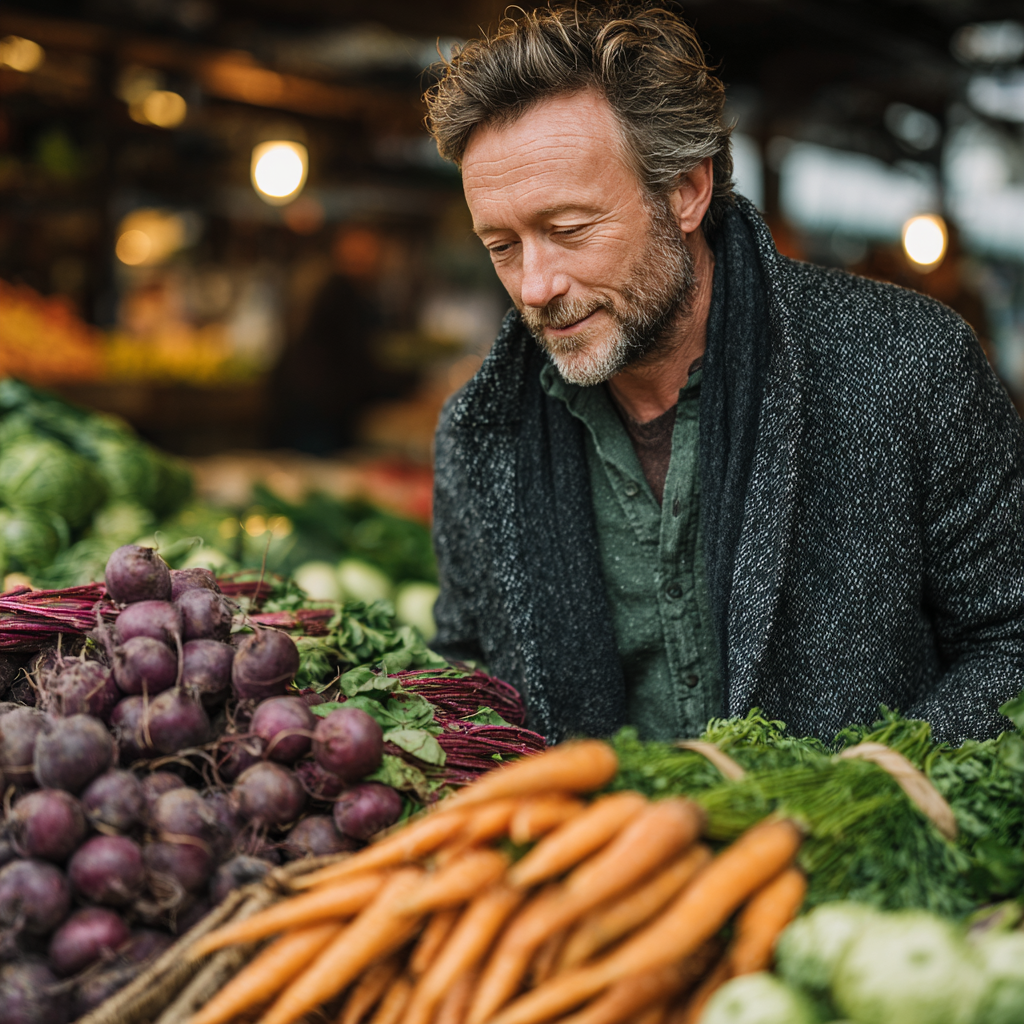 Middle-aged man around 45 years old choosing fresh organic vegetables and fruits at farmers market, looking satisfied and healthy while shopping for nutritious food